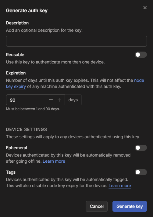 Auth Key 생성 화면